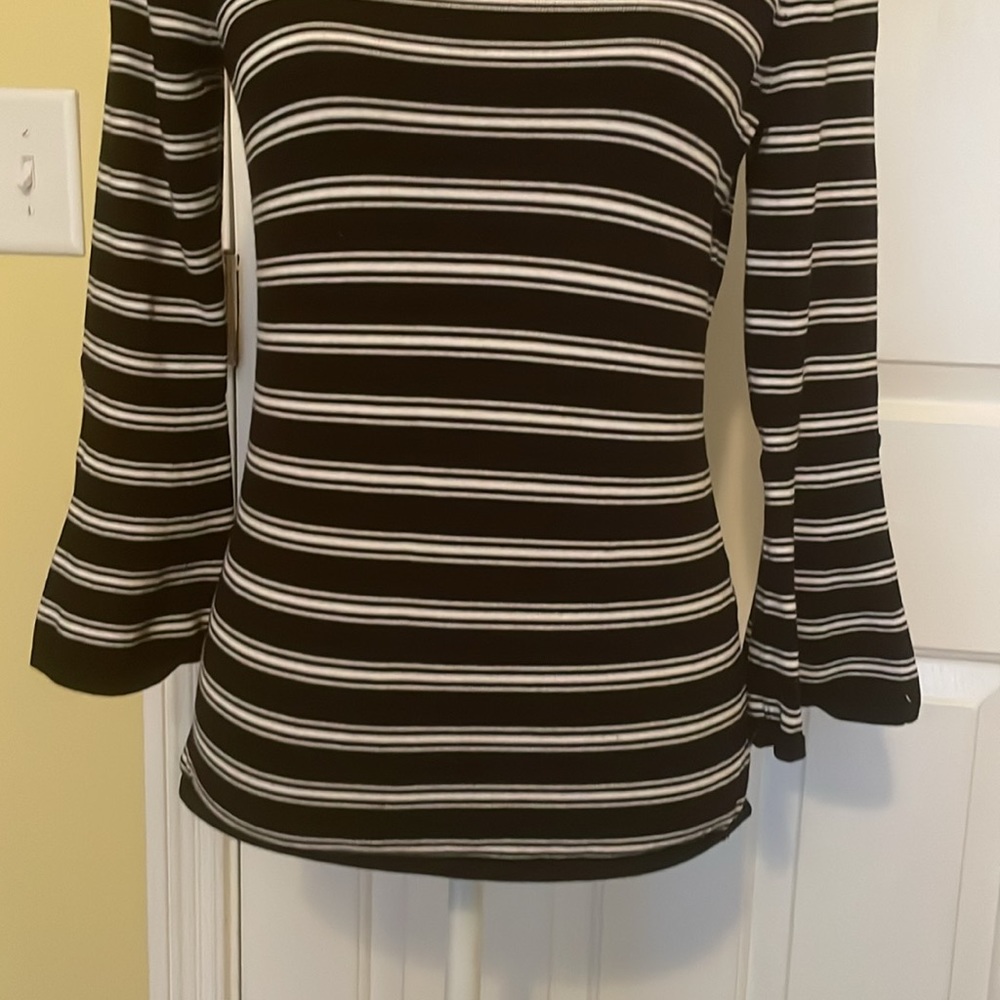 White House Black Market Black & White Striped Top w/ Bell Sleeves - Picture 3 of 8